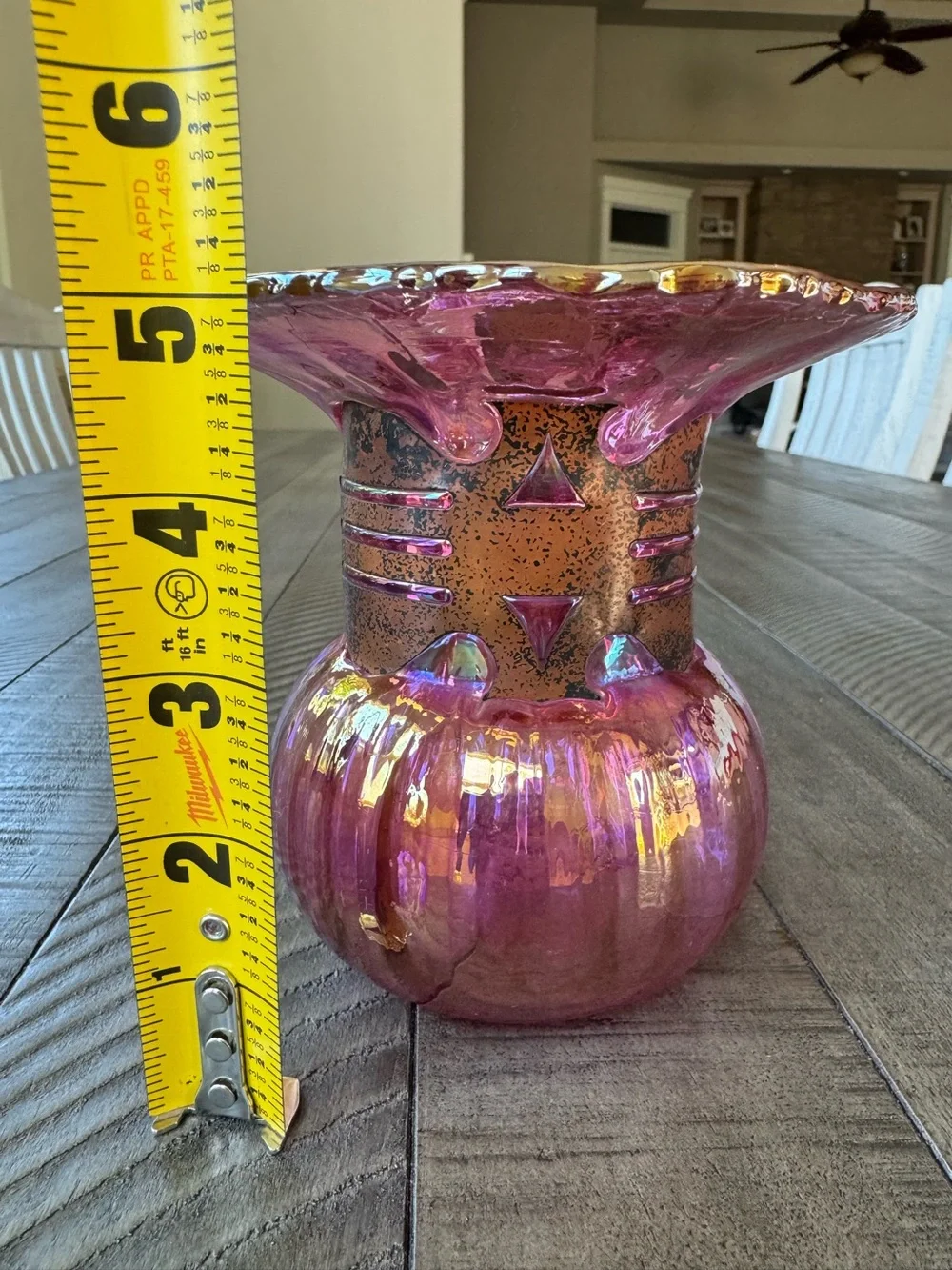 Vintage Silvestri Mouth-Blown Iridescent Pink/Purple Glass Vase W/Cage Neck Ring